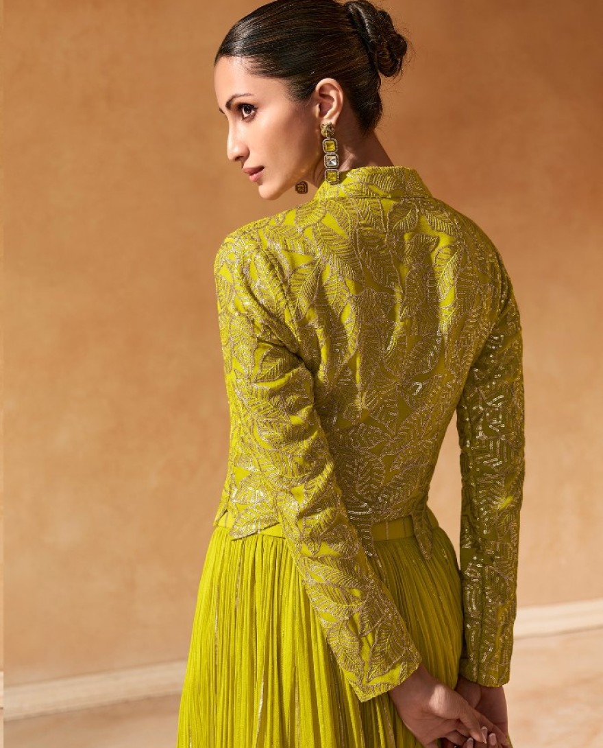 5605 - Green Designer Indo Western Party Wear Lehenga Choli REAL PREMIUM CHINON SILK / VISCOS JACQUARD SKIRT